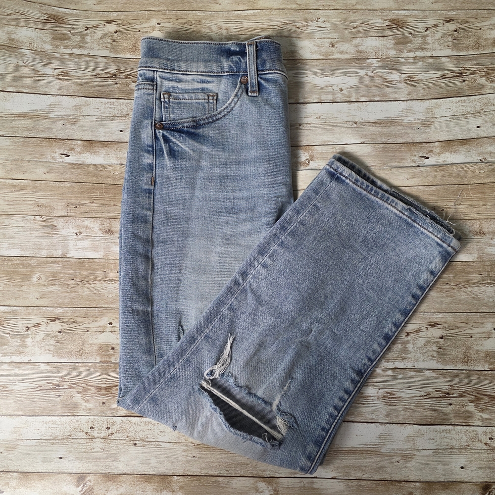 Express Light Blue Distressed Straight Ankle Jeans